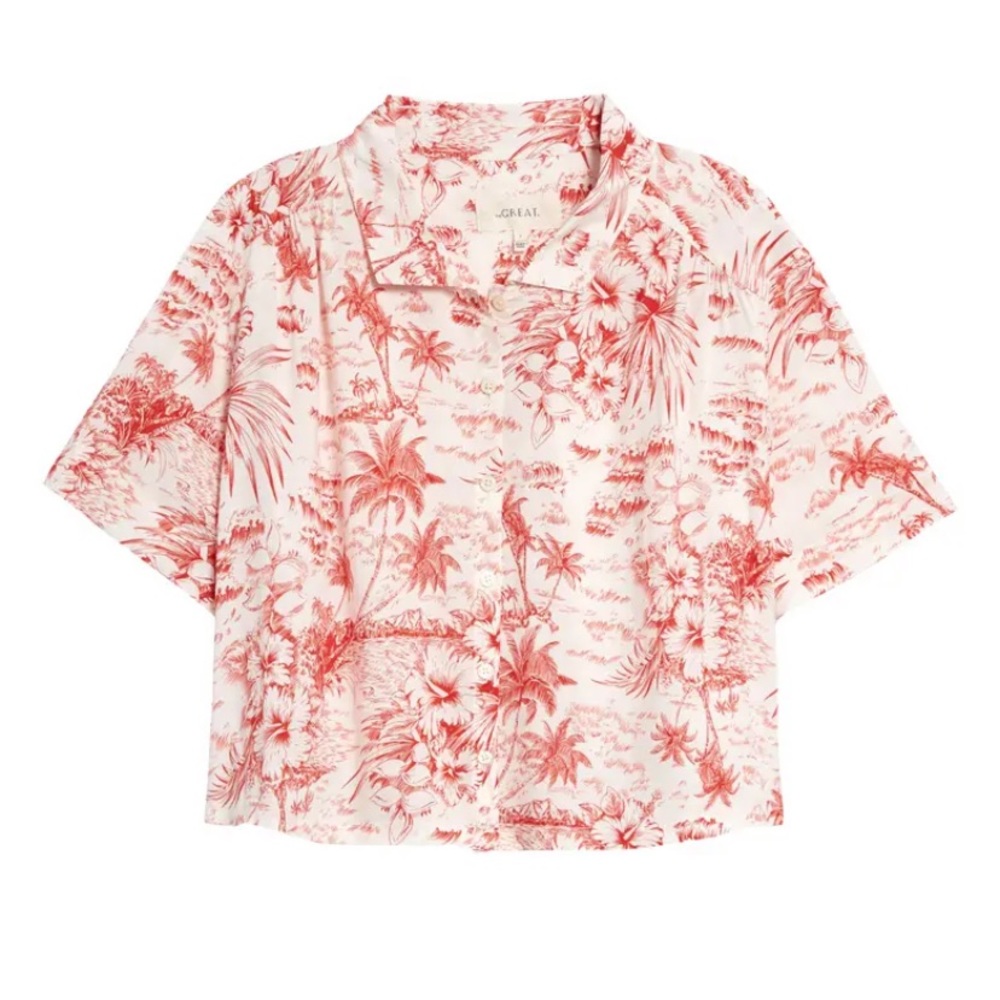 THE GREAT. Red and White Tropical Blouse. Button up crop HawaiianCruise Shirt 3